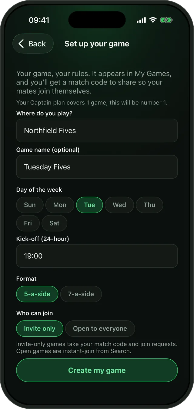 Set up your game in Bibs: the venue, a name, the day, kick-off, 5 or 7-a-side, and invite-only or open to everyone.