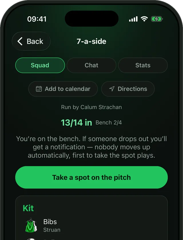 A game in Bibs with 13 of 14 in, a player on the bench and a green Take a spot on the pitch button.