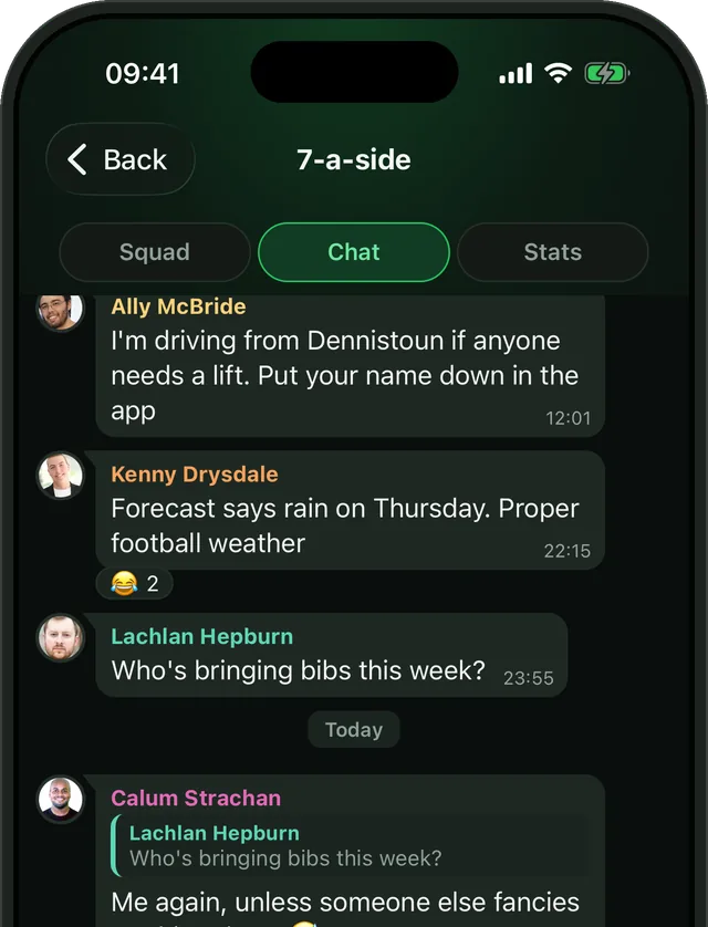 A game's chat in Bibs, with replies, reactions and the squad sorting out lifts and bibs.