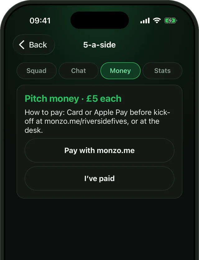 A game's Money tab in Bibs: pitch money of £5 each, how to pay, a Pay with monzo.me button and I've paid.