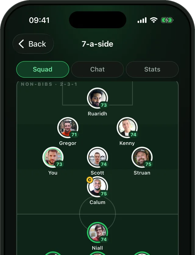 A full seven-a-side pitch in Bibs: two balanced teams laid out with each player's picture and rating.