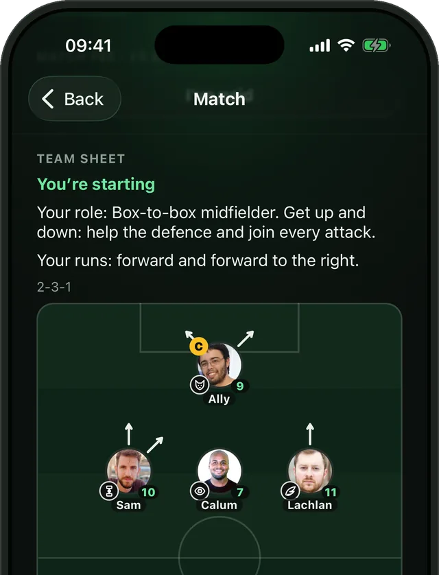 A player's view of the team sheet in Bibs: You're starting, your role as a box-to-box midfielder explained, and your runs.