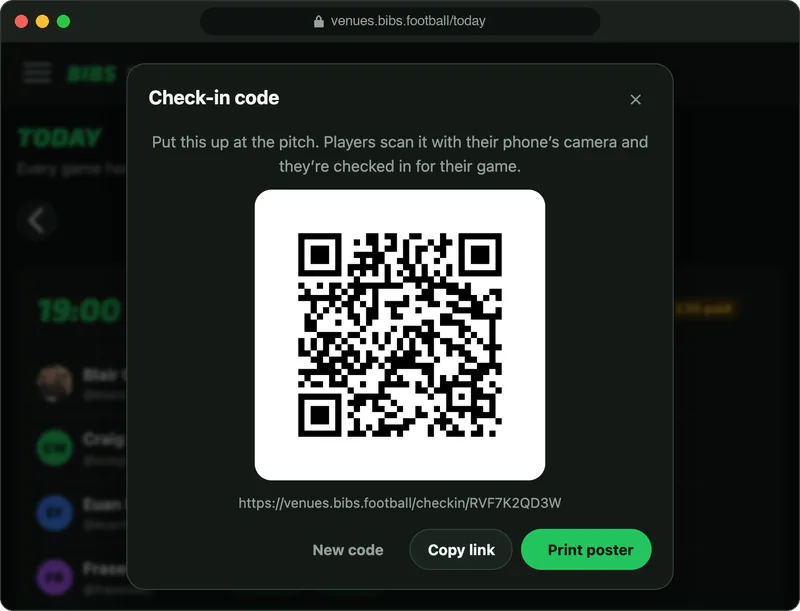The check-in code in the Bibs venue portal: a QR code to put up at the pitch, with Copy link and Print poster.