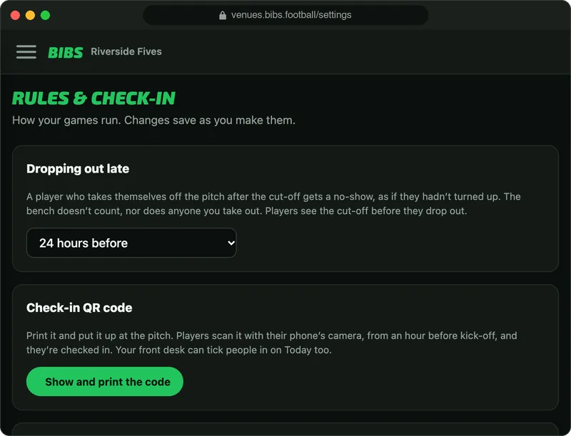 Rules and check-in in the Bibs venue portal: dropping out late, with the cut-off set to 24 hours before.