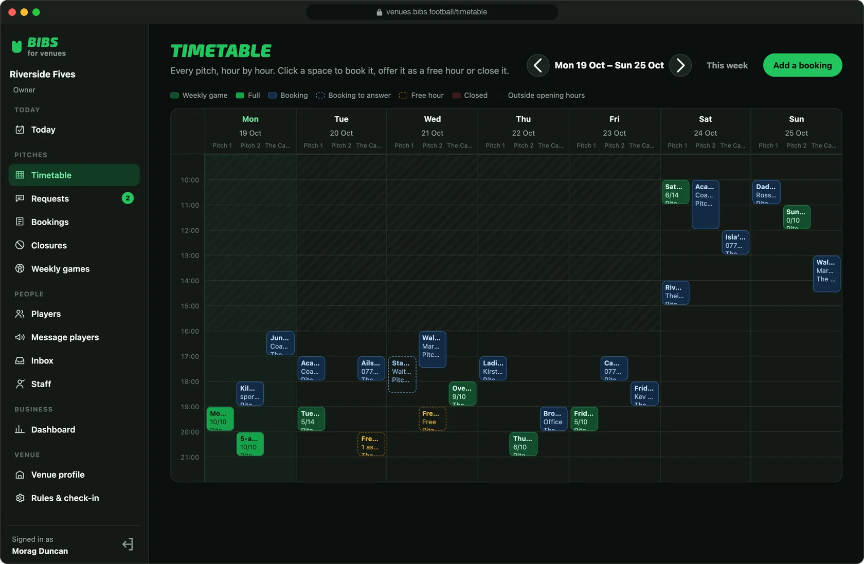 The timetable in the Bibs venue portal: a week of three pitches by the hour, with weekly games and how full they are, bookings, free hours and the hours the venue is shut.