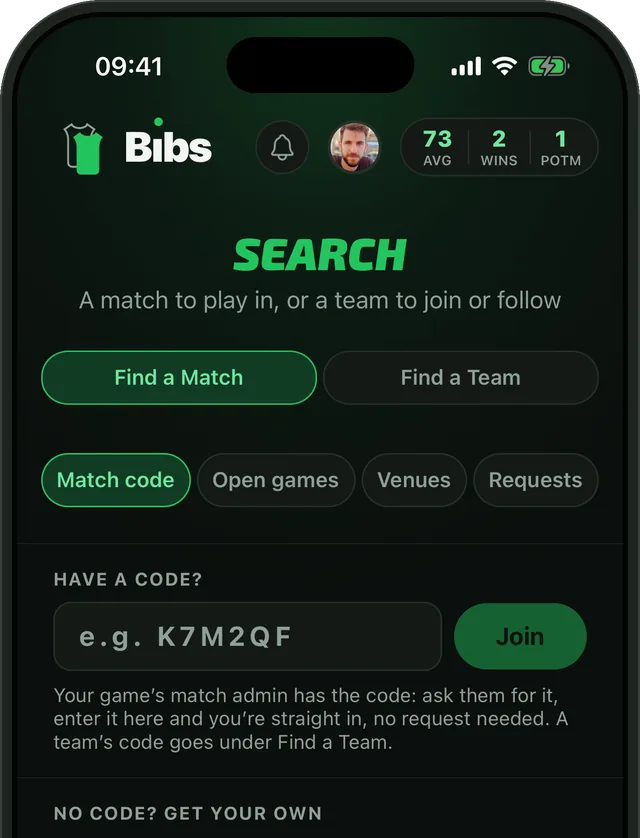The Search tab in Bibs, with a box for a six-letter match code and a Join button.