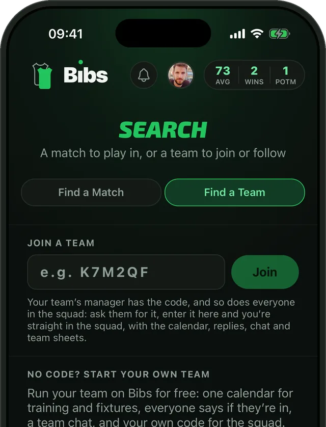 Find a Team in Bibs: join a team with its code, start your own for free, or follow a team.