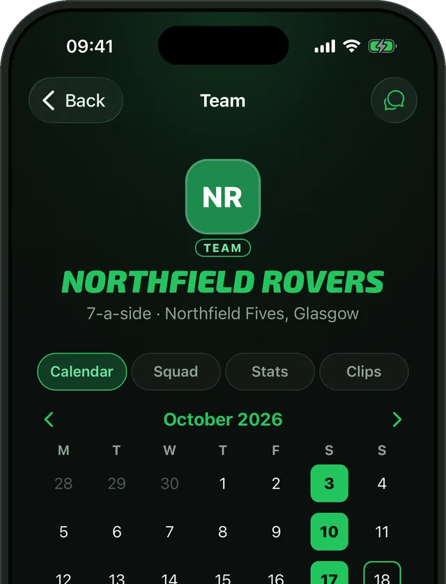 A team's calendar in Bibs for October, with match days in green and training in blue.
