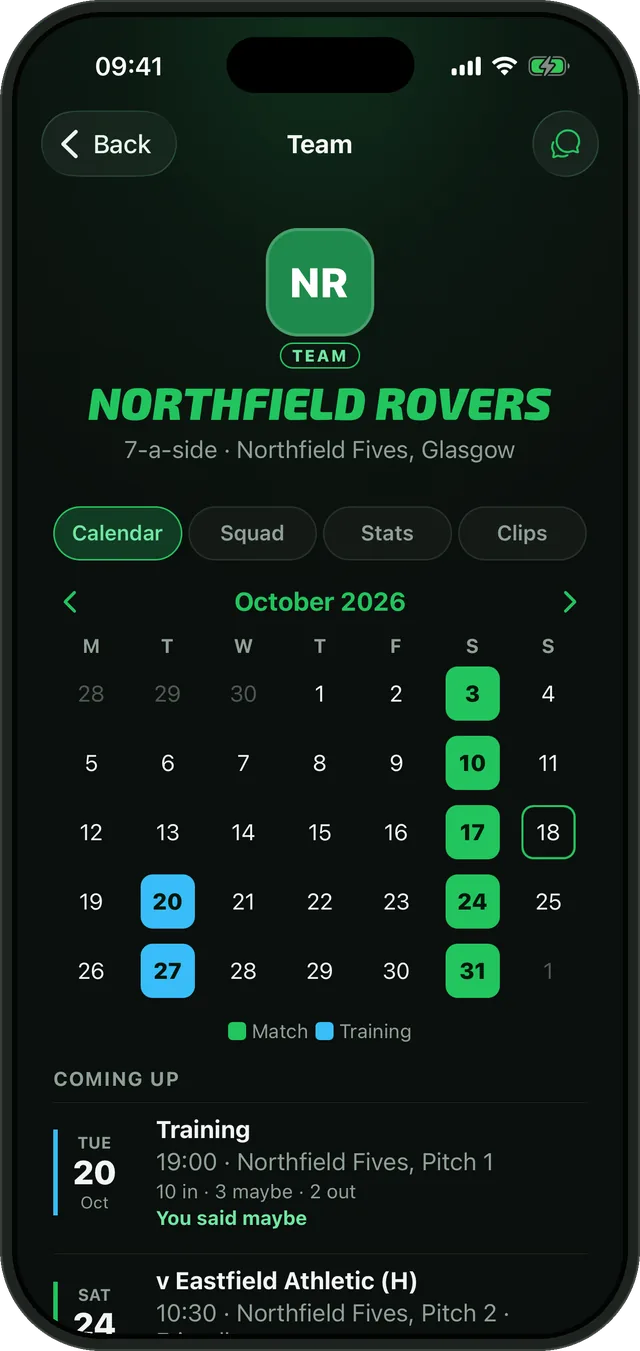 Northfield Rovers' calendar in Bibs: October's match days and training nights, and what's coming up next.