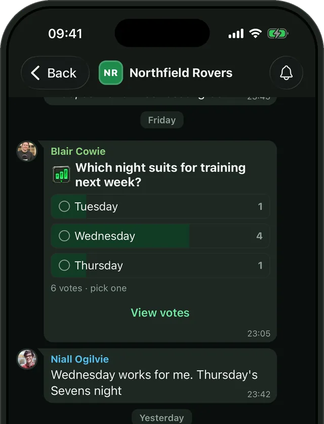 A team chat in Bibs with a poll asking which night suits for training next week, and Wednesday winning.