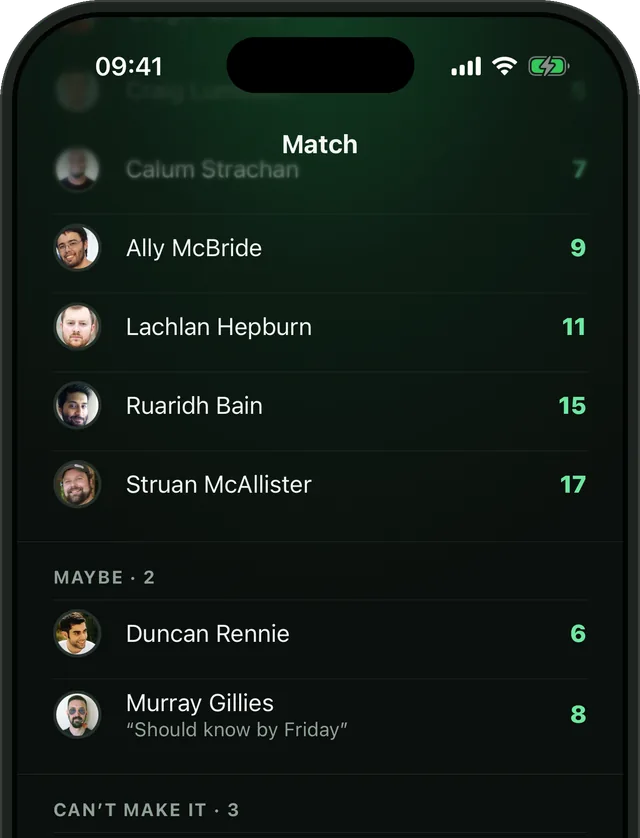 Replies to a fixture in Bibs: who's in, who's a maybe with a note, who can't make it, and who hasn't replied.
