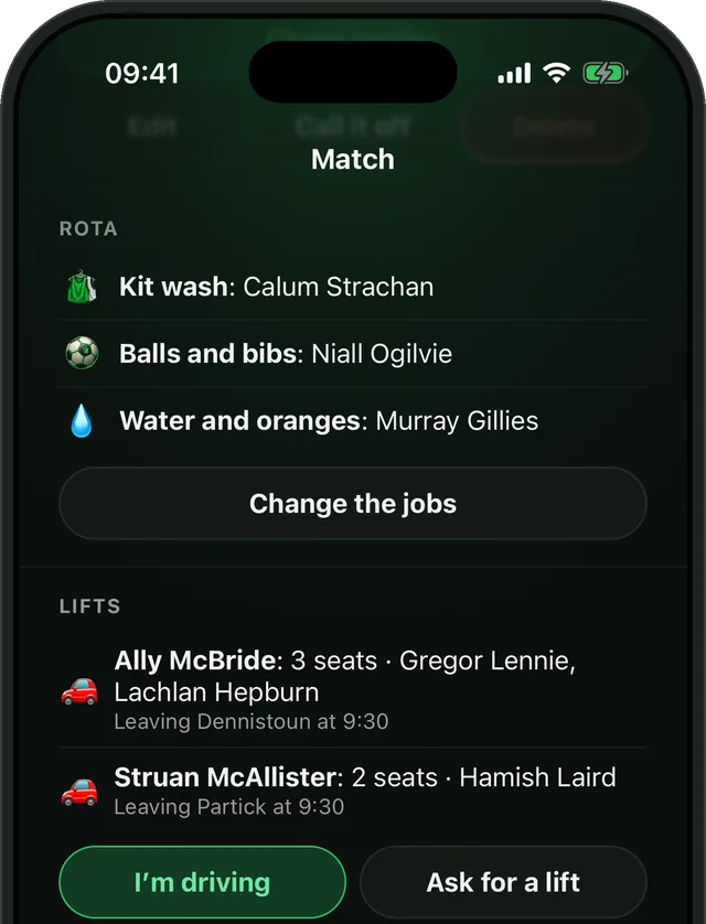 This week's rota in Bibs, kit wash, balls and bibs, water and oranges, and two cars of lifts with who's in each.