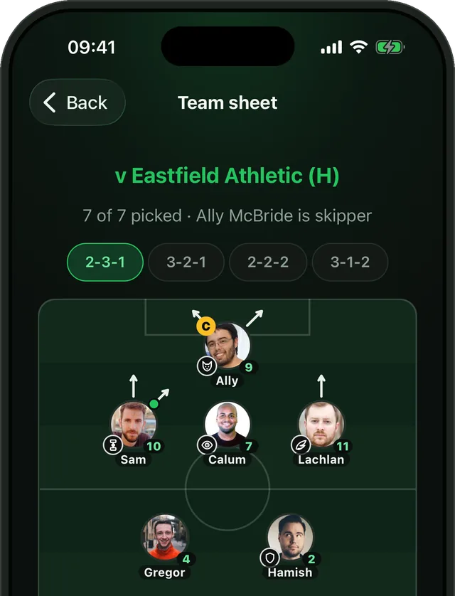 The team sheet in Bibs: a 2-3-1 on a pitch with the skipper, a role icon on every line and arrows for each player's runs.