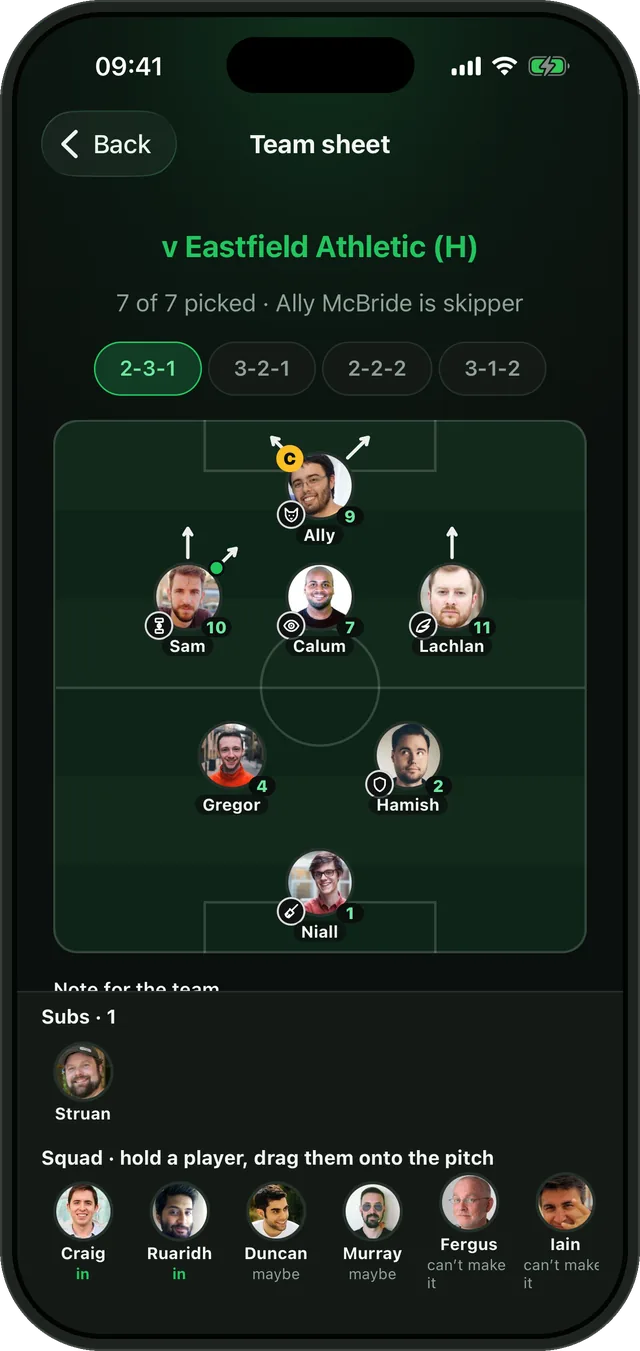 The team sheet in Bibs: a 2-3-1 on a pitch with the skipper, a role icon on every line, arrows for runs, and the squad below showing who's in.