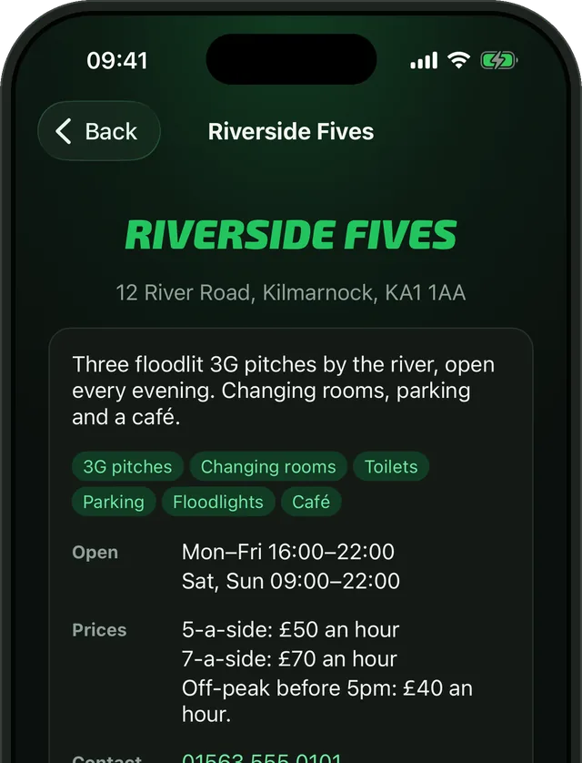 A venue's page in the Bibs app: its address, about, facilities, opening hours, prices and contact details.